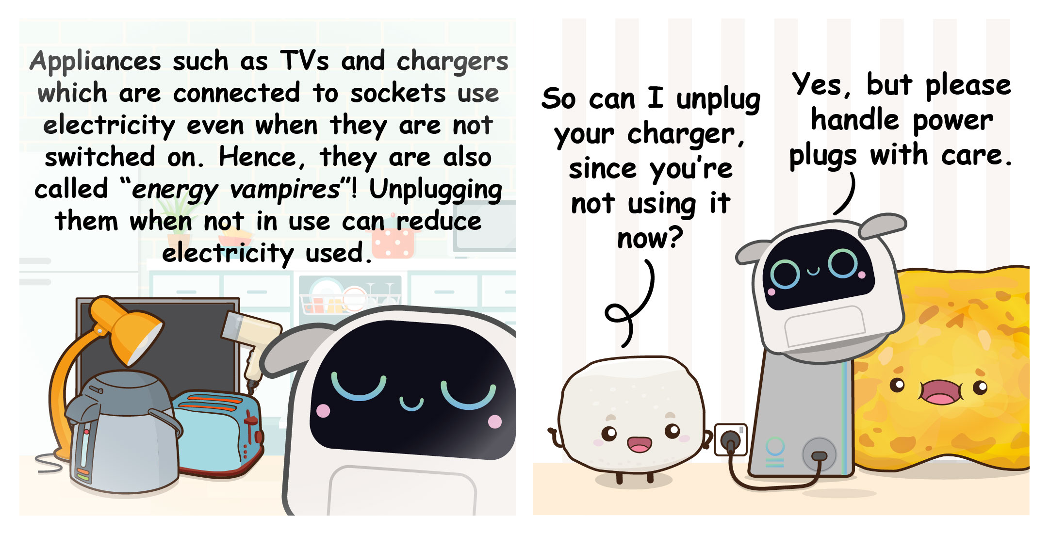 Two-panel comic where Poodle explains standby power consumption by "energy vampires," prompting Bouncy to unplug Poodle's charger while Poodle reminds him to handle power plugs safely.